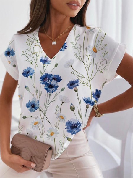 

Floral V neck Casual Short Sleeve T-Shirt, White, T-Shirts