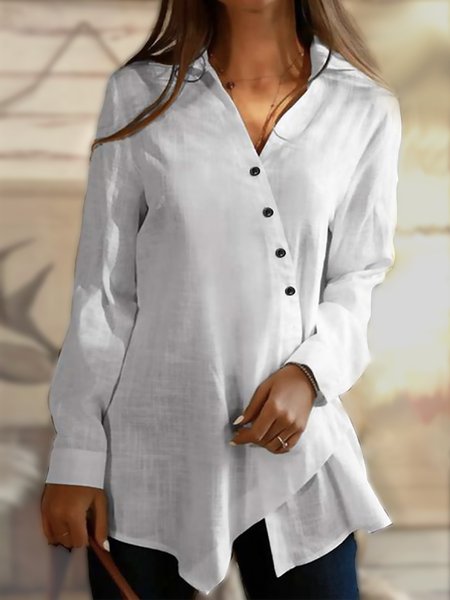 

Solid Casual Cotton Loosen Irregular Craftsmanship Asymmetric Shirt Collar Long Sleeve Blouse, White, Blouses & Shirts