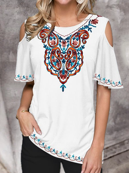 

Casual Crew Neck Tribal Short Sleeve Tops, White, Tops