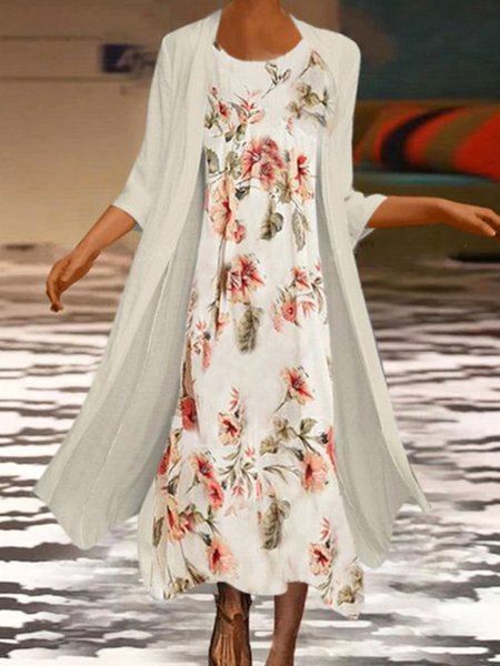

Casual Boho Floral Three Quarter Loosen Two Piece Sets, Flower, Midi Dresses