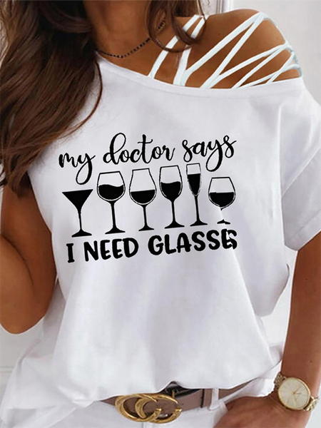 

Letter One Shoulder Casual Short Sleeve T-Shirt, White, T-Shirts