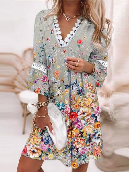 

Regular Fit Casual V Neck Short Sleeve Woven Dress, Multicolor, Mini Dresses