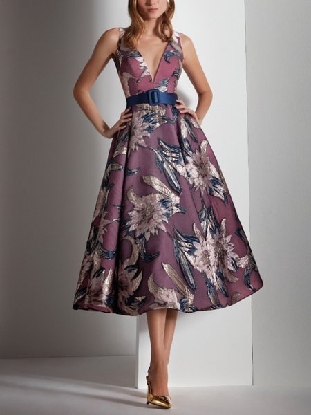 

Floral Elegant Regular Fit Deep V Sleeveless Midi Dress, Gray purple, Midi Dresses