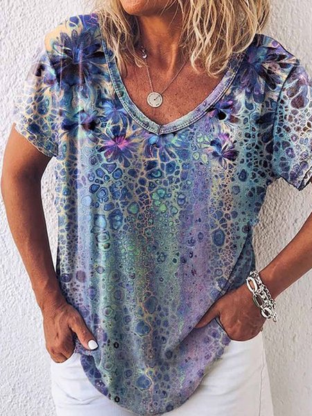 

Casual Geometric Abstract Floral Printed Off Shoulder Loosen Short Sleeve T-Shirt, Flower, T-Shirts