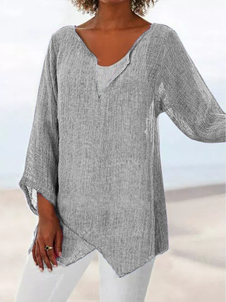 

Solid Casual V-Neck Long Sleeve Shirt, Gray, Tops