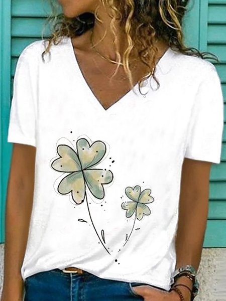 

Shamrock Printed Casual Loosen V Neck Short Sleeve T-Shirt, White, T-Shirts