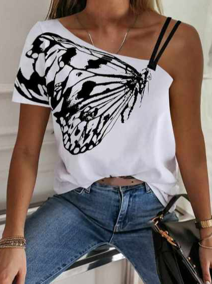 

Butterfly Cotton Blends Casual One Shoulder Short Sleeve T-Shirt, White, T-Shirts