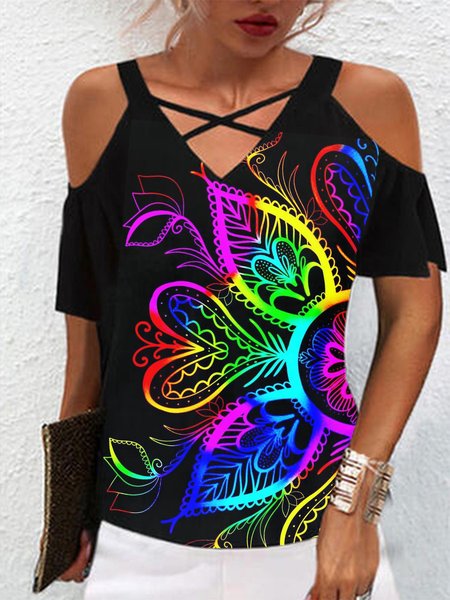 

Colorful Tribal Print Vintage Holiday One Shoulder V-neck Tops, Black, T-Shirts