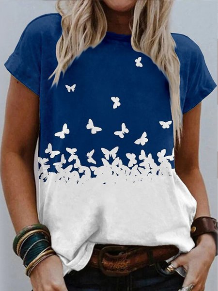 

Casual Butterfly Crew Neck Short Sleeve T-Shirt, Blue, T-Shirts