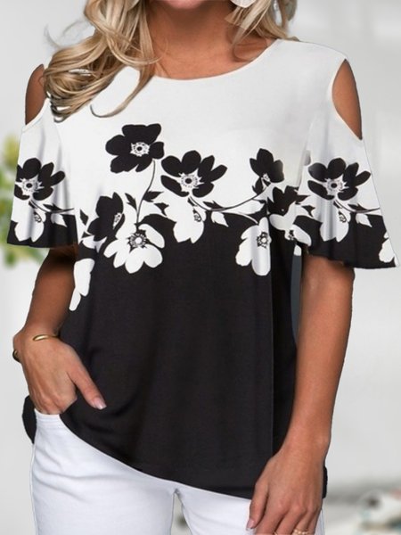 

Crew Neck Loosen Casual Short Sleeve off the shoulder Tops, Black-white, Tops