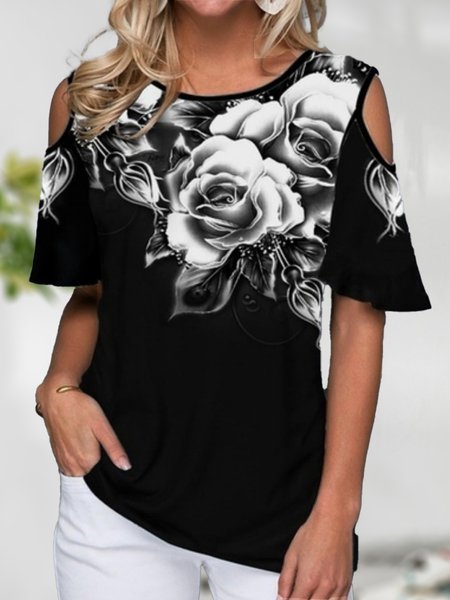 

Crew Neck Loosen Casual Short Sleeve Tops, Black, Tops
