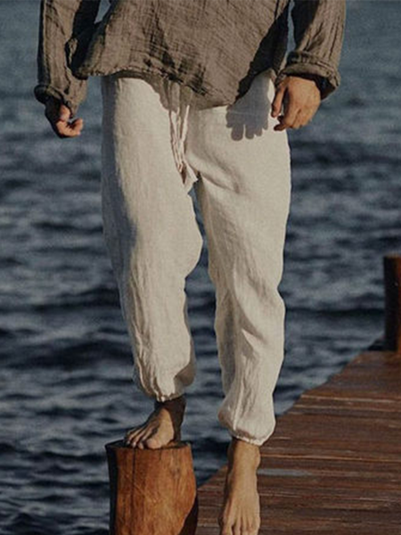 

Cotton And linen Style American Casual Basic Wild linen Trousers, White, Men's pants