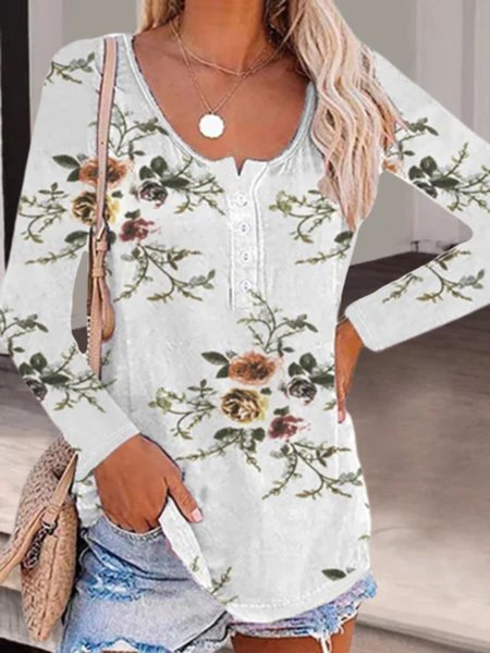 

Casual Long Sleeve Round Neck Plus Size Printed T-shirts, Light gray, T-Shirts
