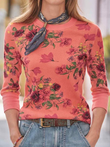 

Floral Crew Neck Regular Fit Long Sleeve Tops, Orange red, Long sleeve tops