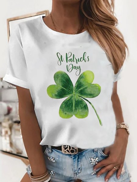 

Shamrock Letter Printed St. Patrick's Day Casual Loosen Short Sleeve T-Shirt, White, T-Shirts