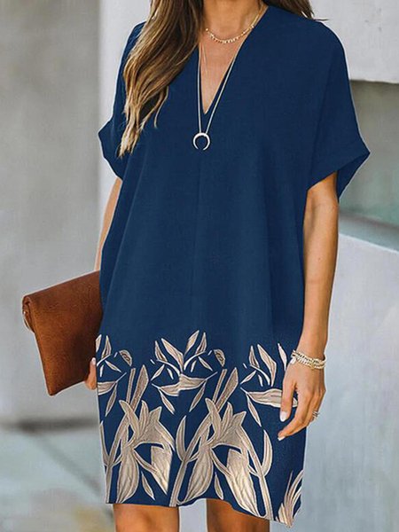 

Floral Printed V Neck Casual Short Sleeve Knee A-line Dress, Deep blue, Mini Dresses