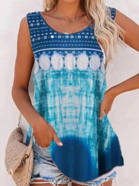 

Casual Sleeveless Round Neck Plus Size Printed Tank Top Vests, Blue, Tank Top