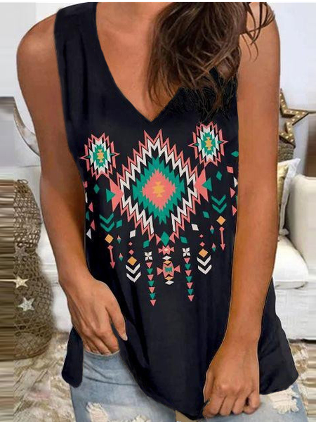 

Women's V-neck Ethnic Floral Printed Solid Black Summer Vest, Tanks & Camis