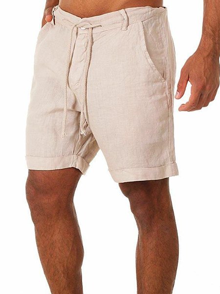 

Men's Casual Solid Color Cotton Linen Shorts, Beige, Men's shorts