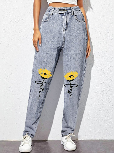 

Faith Floral Print Casual Long Jeans, As picture, Jeans
