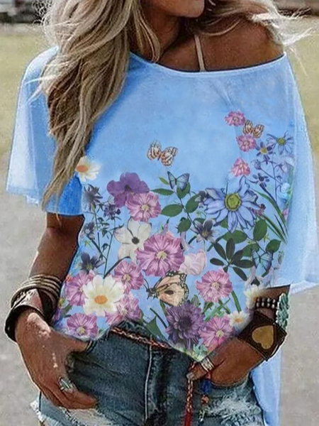 Floral Casual Short Sleeve T-Shirt, Blue, T-Shirts