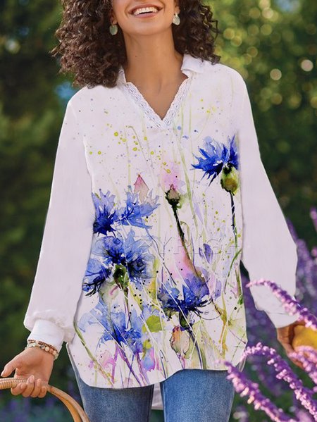 

V Neck Floral Casual Long Sleeve Tops, White, Long sleeve tops