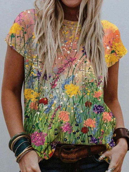 

Vacation Floral Crew Neck Short Sleeve T-Shirt, Multicolor, T-Shirts