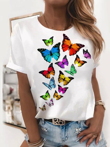 

Casual Butterfly Short Sleeve T-Shirt, White, T-Shirts