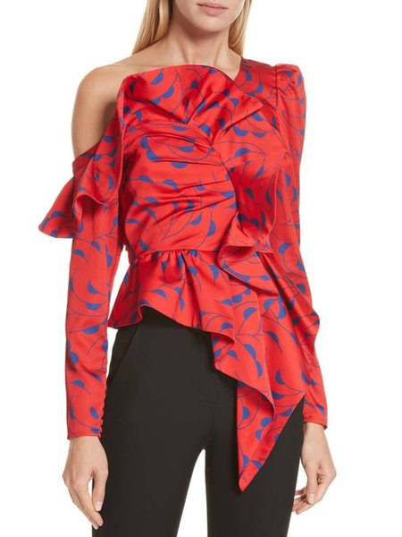 

Asymmetrical Neck Daily Long Sleeve Top, Red, Tops