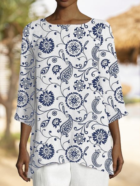 

Tribal Printing Casual Round Neck Long Sleeve Md-long Tops, White, Long sleeve tops