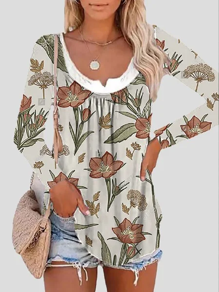 

Plus Size Floral print loose fit a fake two piece Pullover T-shirt, Apricot, Long sleeve tops