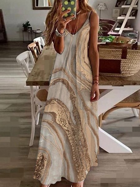 

Plus Size Loose a-hem marble pattern gradient suspender long dress, Khaki, Dresses