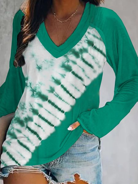 

V Neck Casual Loosen Tie Dye Long Sleeve Tops, Green, Long sleeve tops