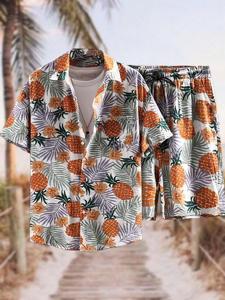 

2Pack Hawaiian Cotton Linen Shirt Shorts Men, As picture, Two-pieces