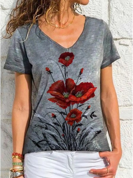 

Floral Short Sleeve T-Shirt, Gray, T-Shirts