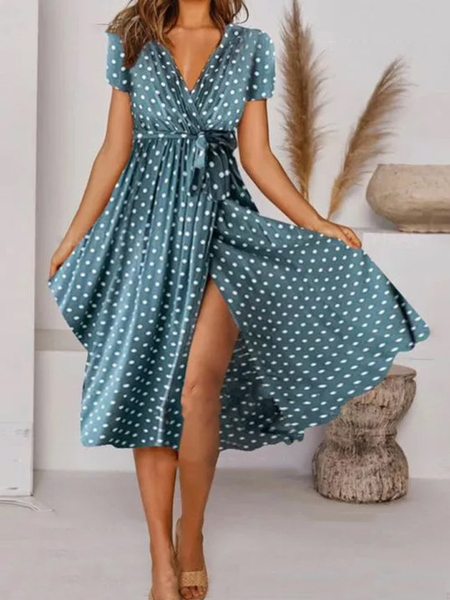 

Elegant Regular Fit Polka Dots Short Sleeve Knit Dress With Belt, Green, Dresses