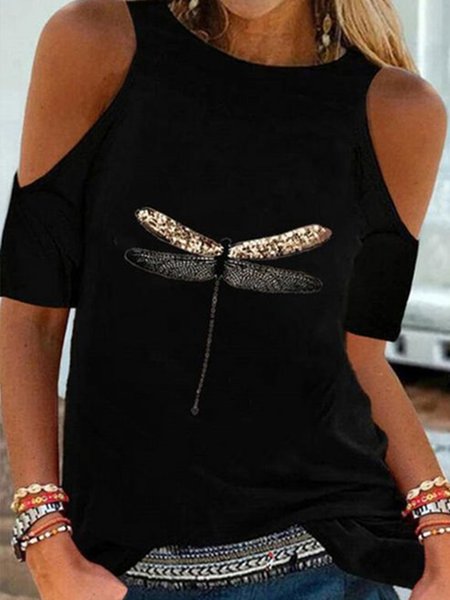 

casual loosen Dragonfly Crew Neck Short Sleeve T-Shirt, Black, T-Shirts