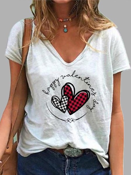 

Plus Size Casual V neck Heart Loosen Short Sleeve T-Shirt, As picture, T-Shirts