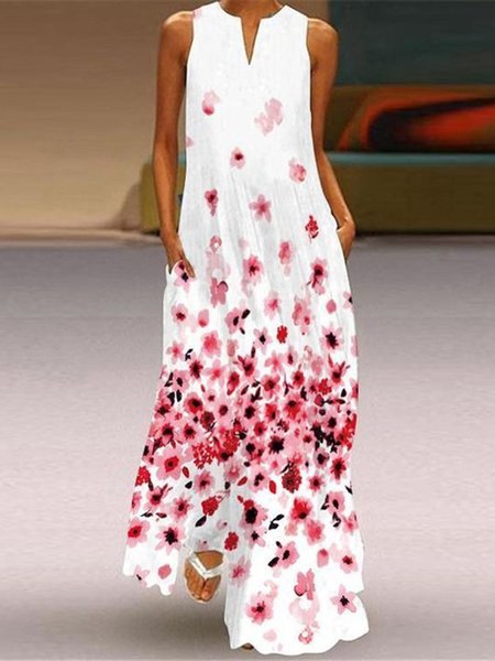 

Casual Floral Pockets Sleeveless A-line Maxi Dress, White, Maxi Dresses