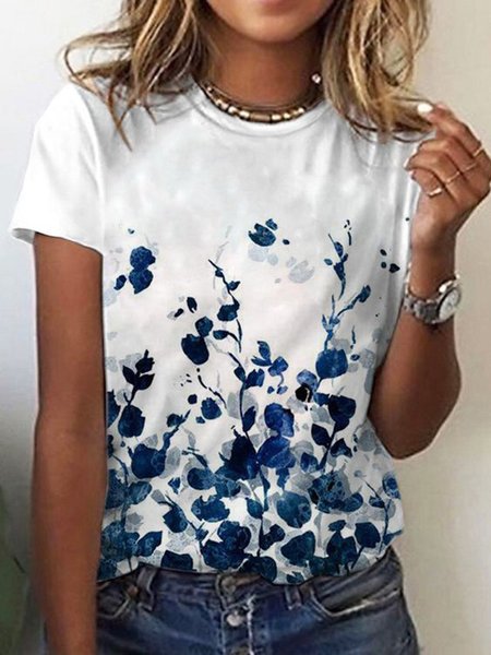

Floral Crew Neck Short Sleeve Casual T-Shirt, White, T-Shirts
