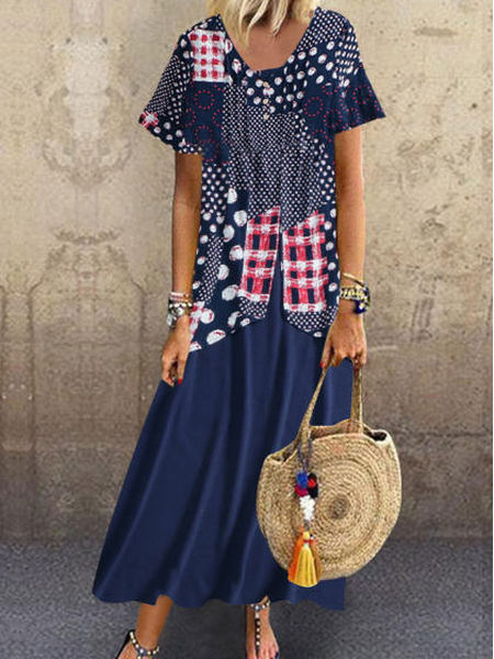 

Casual Geometric Loosen Short Sleeve Woven Dress, Blue, Dresses