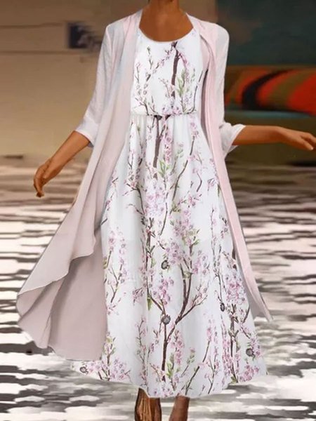 Floral Casual Short Sleeve Woven Dress With Outerwear, As picture, Maxi