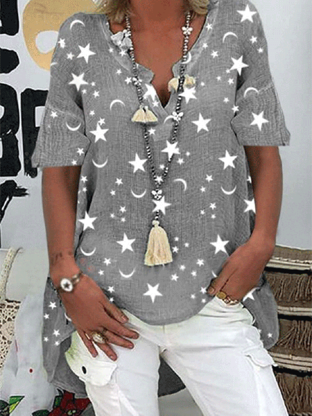

Casual V-Neck Star and Moon Print Short Sleeve Top, Gray, Tops