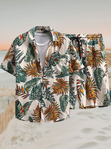 2Pack Hawaiian Cotton Linen Shirt Shorts Men, As picture, Two-pieces