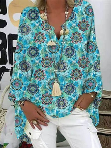 

V Neck Cotton Blends Long Sleeve Blouse, Blue, Shirts & Blouses