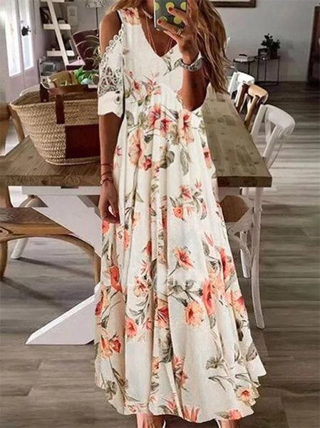 

Casual Floral V Neck Short Sleeve Dress, Apricot, Maxi Dresses