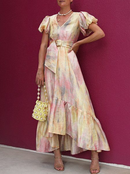 

Regular Fit Ombre V Neck Short Sleeve Woven Dress, Light yellow, Maxi Dresses