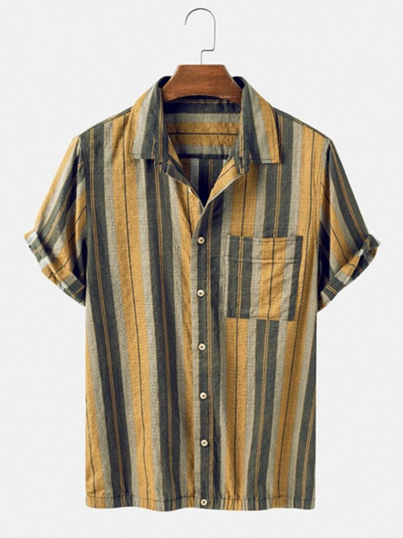 

Cotton Linen Style American Casual Striped Contrast Linen Shirt, As picture, Shirts ＆ Blouse