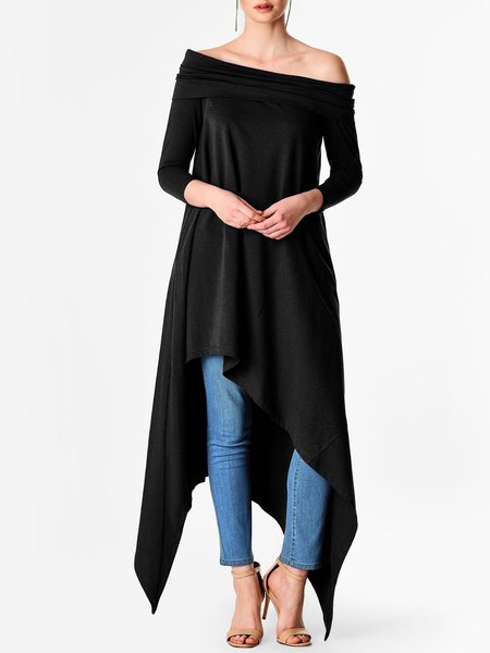 

Spring Elegant Off The Shoulder Plain Long Sleeve Daily Tops, Black, Tops