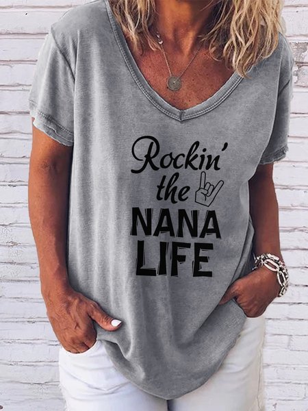 

Rockin The Nana Life V-neck Short Sleeve T-shirt, Gray, T-shirts